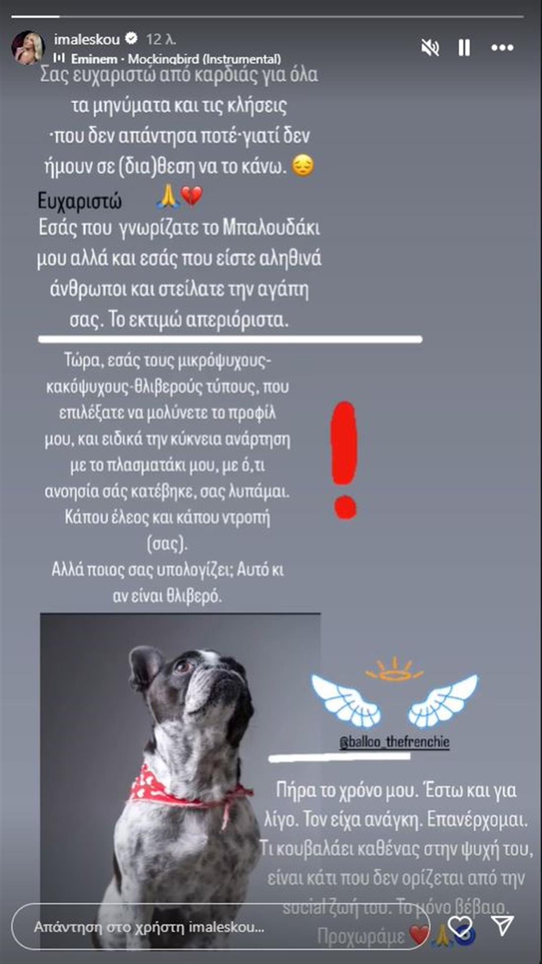 Η Ιωάννα Μαλέσκου απαντά στα κακεντρεχή σχόλια κάτω από την ανάρτησή της για τη σκυλίτσα της