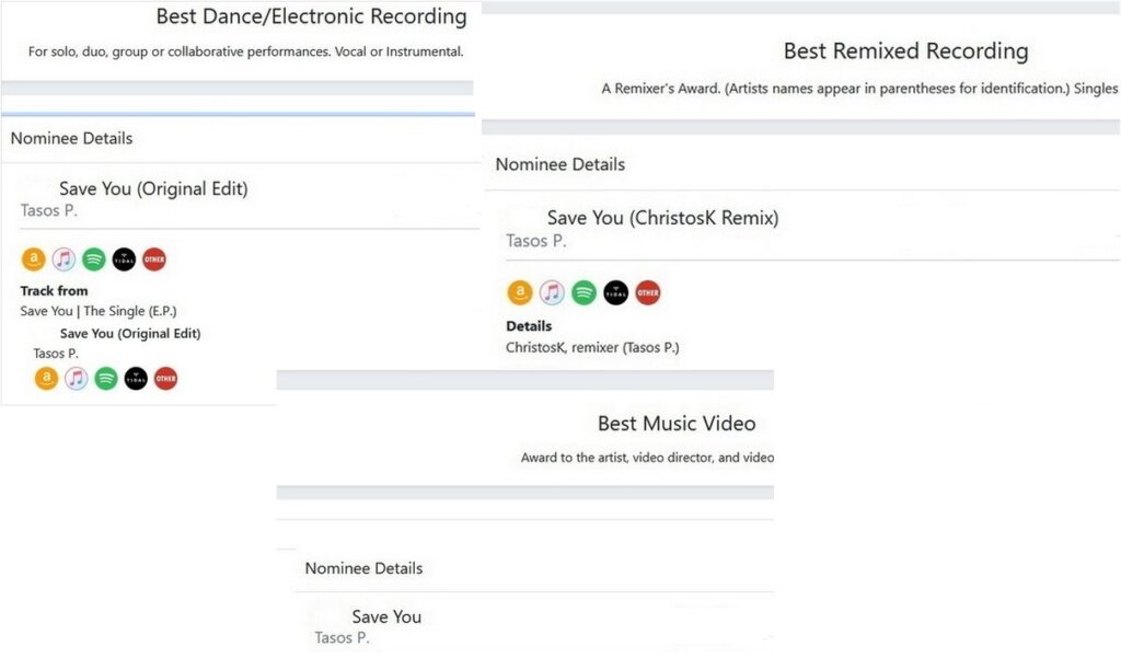 “Save You” του Tasos P. για Grammy Award – Στον πρώτο γύρο ψηφοφορίας για υποψηφιότητα 3 “Save You” του Tasos P. για Grammy Award – Στον πρώτο γύρο ψηφοφορίας για υποψηφιότητα