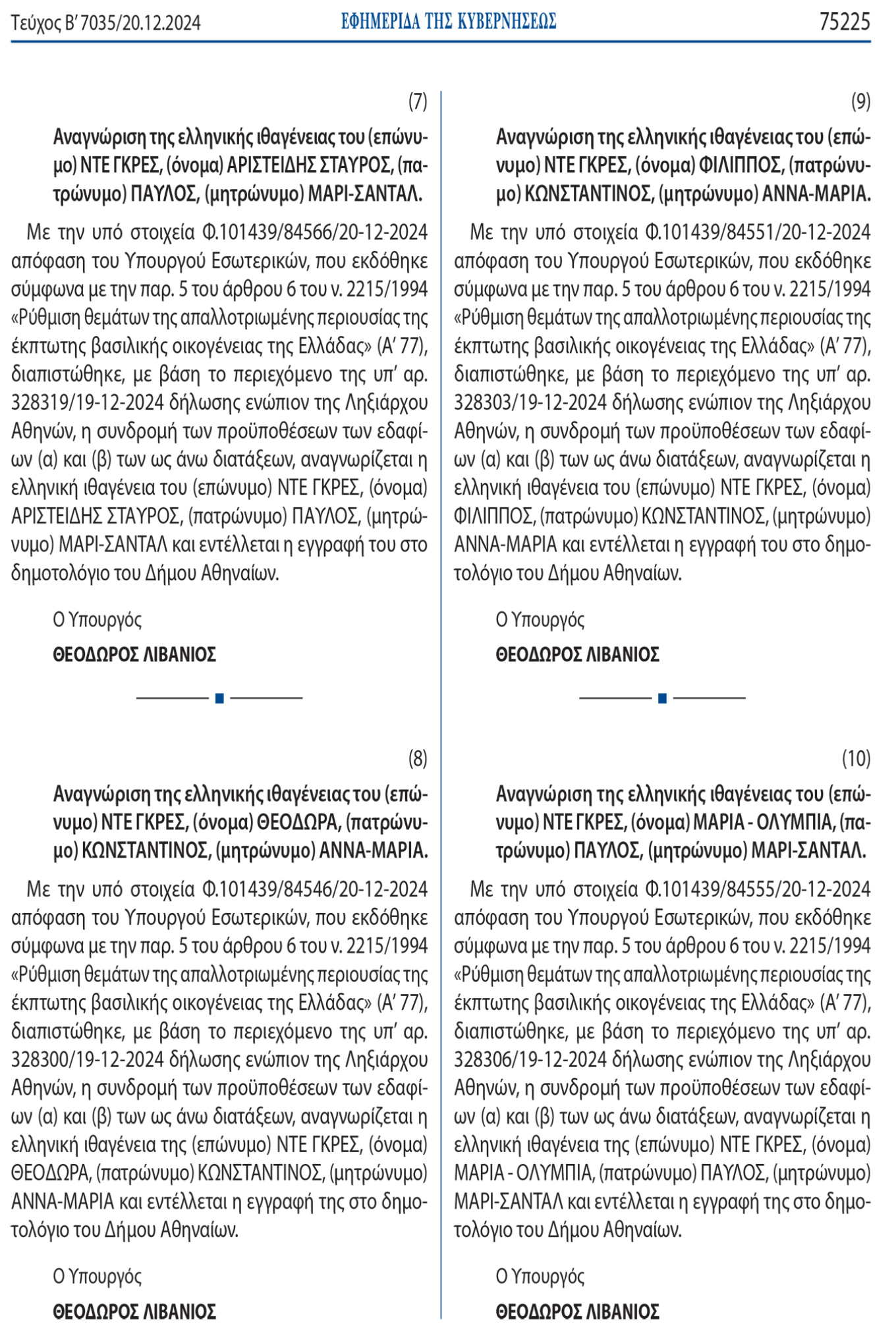 Στο ΦΕΚ η απόφαση επαναφοράς της ελληνικής ιθαγένειας από την τέως βασιλική οικογένεια 12 Στο ΦΕΚ η απόφαση επαναφοράς της ελληνικής ιθαγένειας από την τέως βασιλική οικογένεια