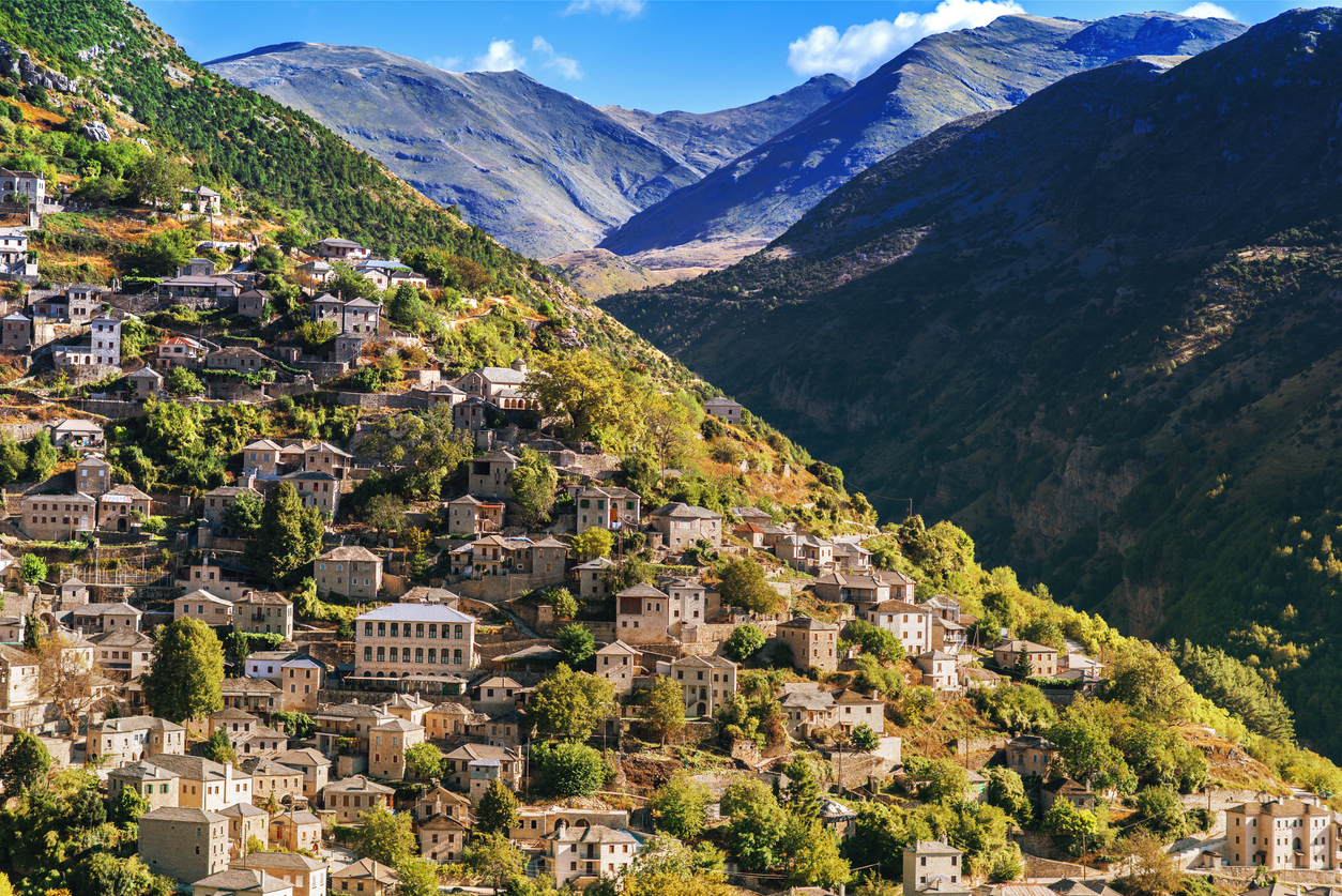 Panoramic view of Traditional Village Syrrako in National Park of Tzoumerka, Greece Epirus
