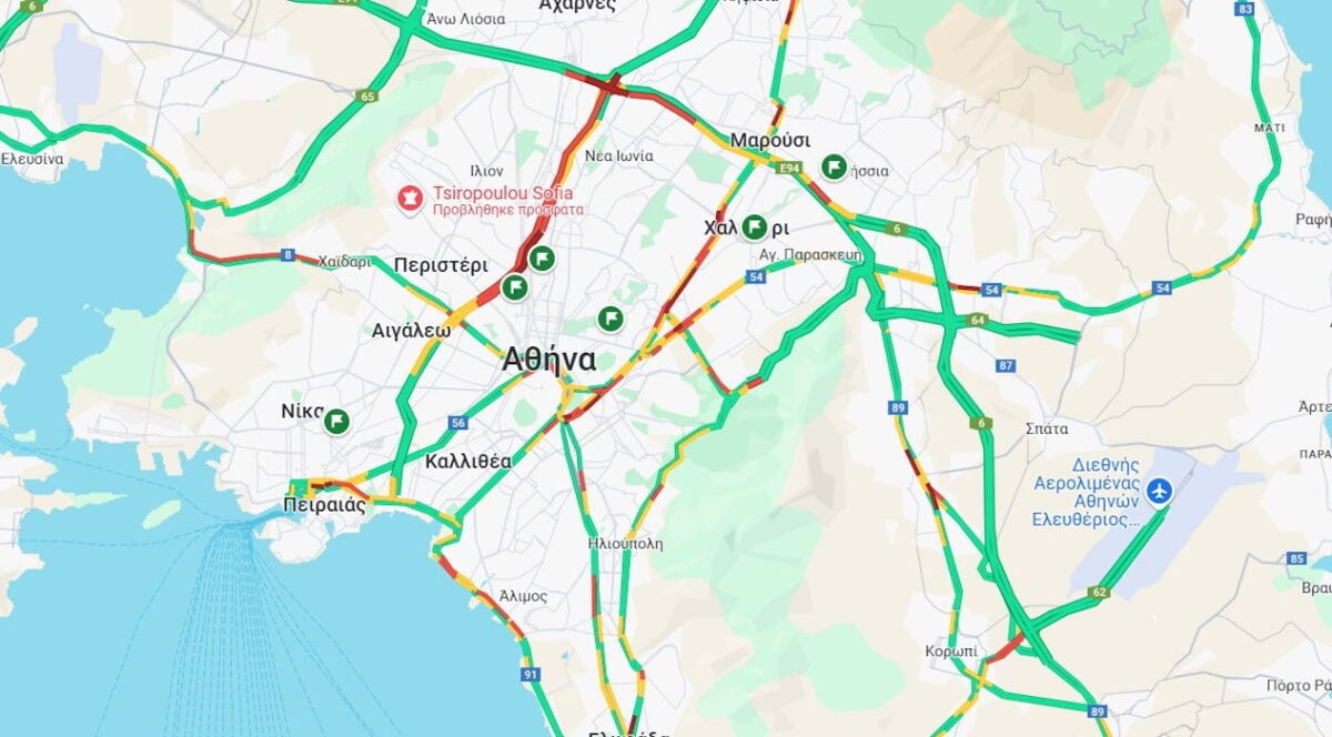 Κίνηση στους δρόμους: Ουρές χιλιομέτρων σε Κηφισό και Κηφισίας – Καθυστερήσεις και στην Αττική Οδό 2 Χάρτης δείχνει την κίνηση στους δρόμους