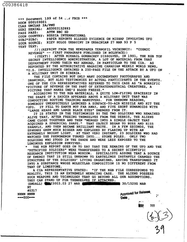 CIA: Απόρρητο έγγραφο αποκαλύπτει «σύγκρουση μεταξύ εξωγήινων και ΕΣΣΔ» – «Απολιθώθηκαν» οι Σοβιετικοί στρατιώτες