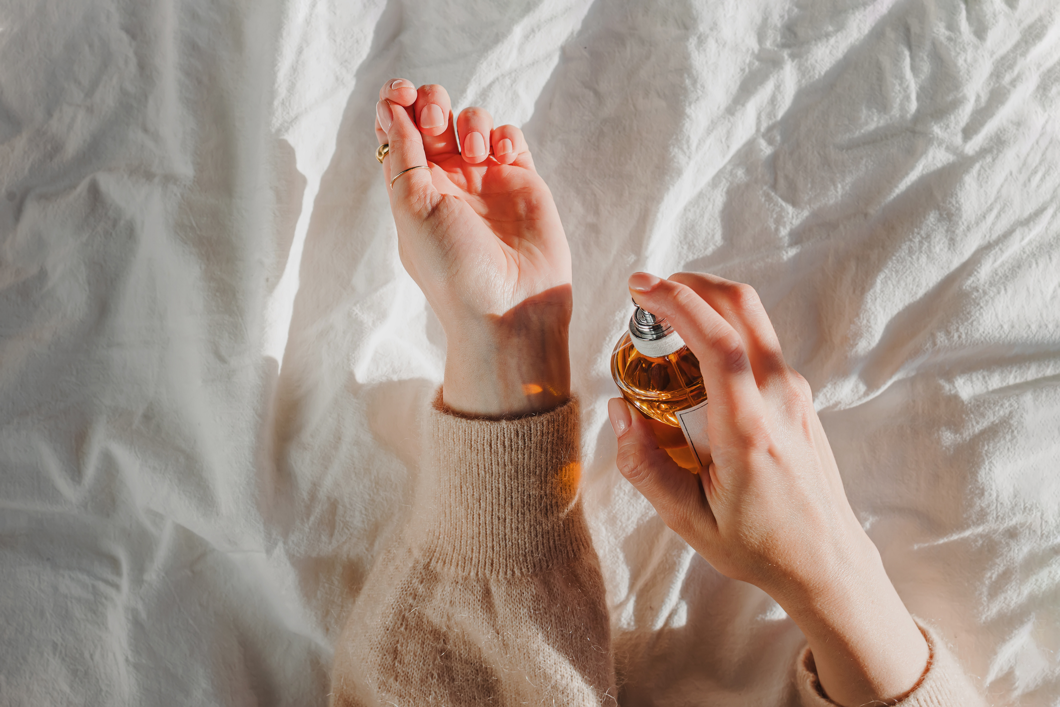 Female hands holding a bottle of perfume in natural morning light, overhead view