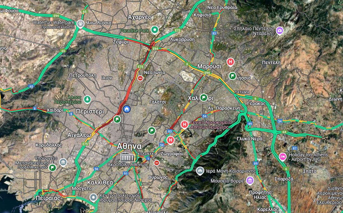 Κυκλοφοριακή παράλυση: Χάος σε Κηφισό, Κηφισίας, Μεσογείων και Λεωφόρο Συγγρού – Στο «κόκκινο» και η Αττική Οδός 2 Χάρτης αποτυπώνει την κίνηση στους δρόμους της Αθήνας