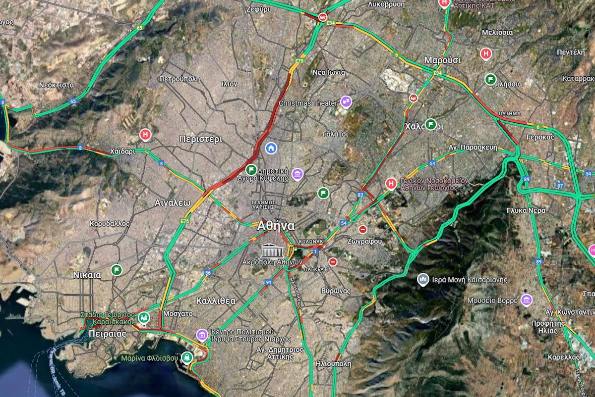 Κυκλοφοριακό έμφραγμα: Χάος σε Κηφισό, Λεωφόρο Αθηνών και κέντρο της Αθήνας – Ταλαιπωρία και στην Αττική Οδό 2 Ο χάρτης με την κίνηση στους δρόμους της Αττικής
