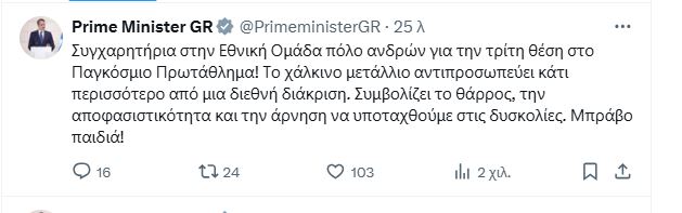 Μητσοτάκης για Εθνική Ομάδα Πόλο: Το χάλκινο μετάλλιο αντιπροσωπεύει το θάρρος, την αποφασιστικότητα και την ανυποχώρητη στάση απέναντι στις δυσκολίες