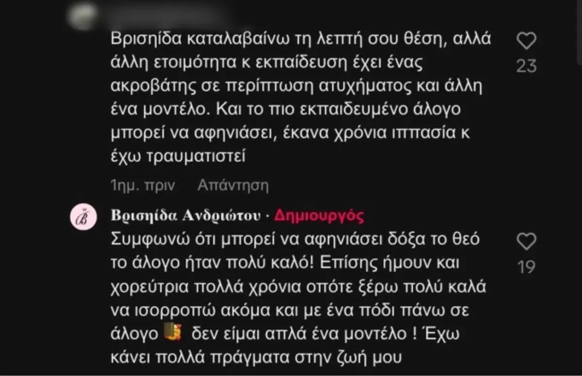 Το σχόλιο που δέχτηκε η Βρισηίδα Ανδριώτου και η απάντησή της