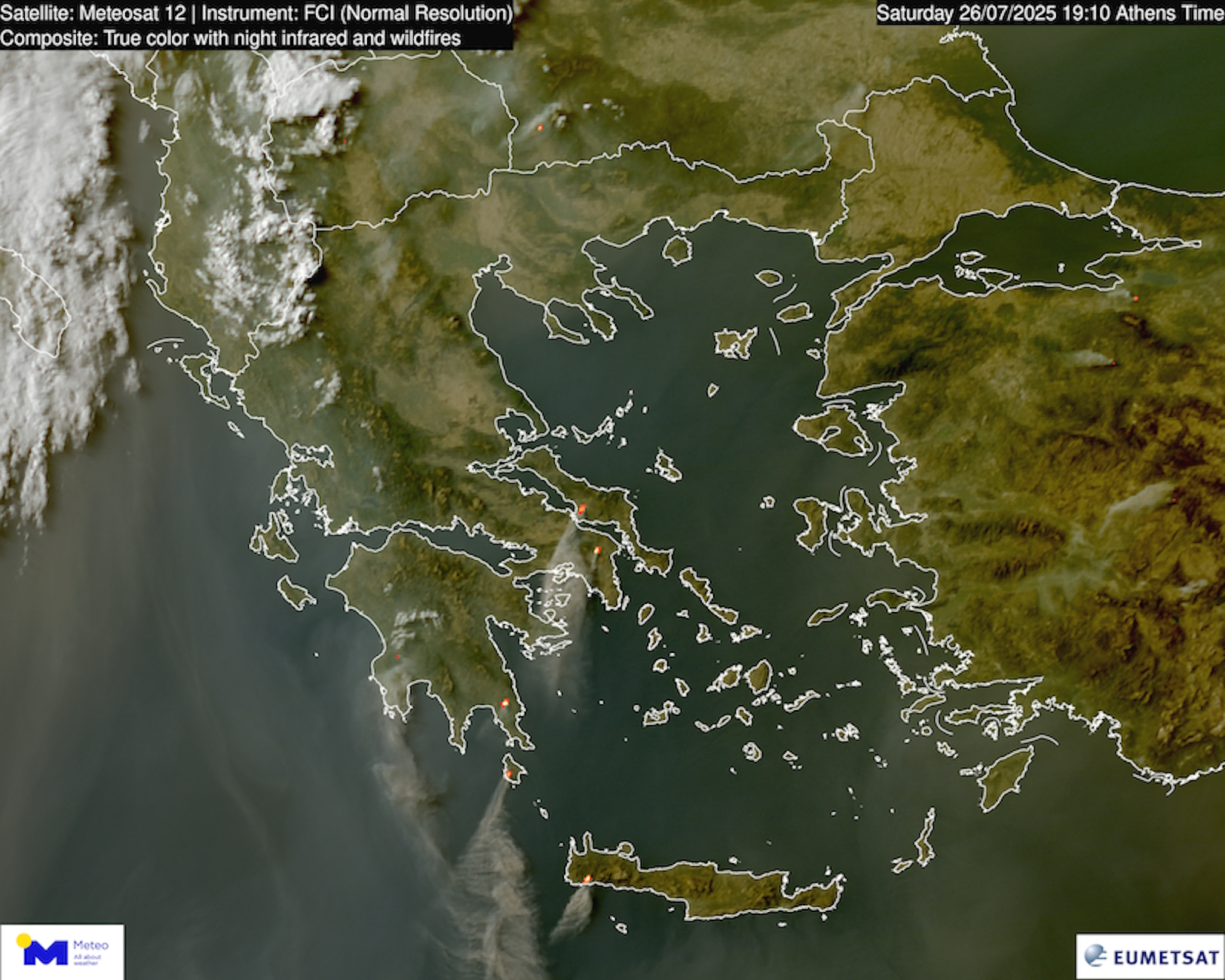 Οι φωτιές σε Αττική, Εύβοια, Μεσσηνία, Κύθηρα, Λακωνία και Κρήτη όπως καταγράφονται από το διάστημα