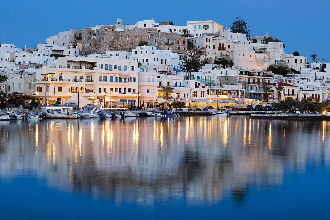 The Chora ('capital') of Naxos island at dusk, Cyclades Islands, Aegean Sea, Greece, Europe.
