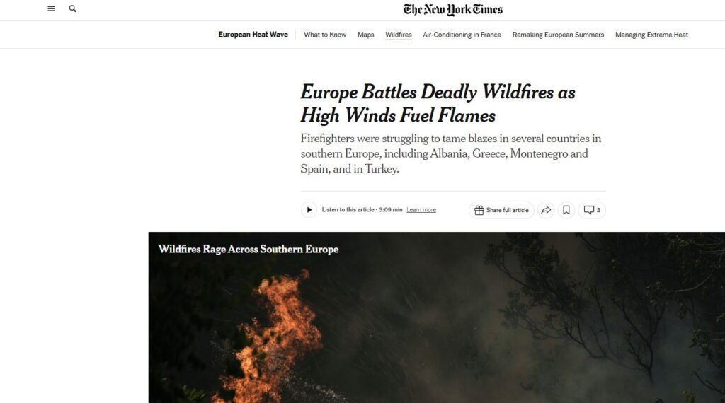 New York Times: Η Ευρώπη αντιμέτωπη με τις «καταστροφικές» πυρκαγιές και τους ισχυρούς ανέμους – Η αναφορά στην Ελλάδα