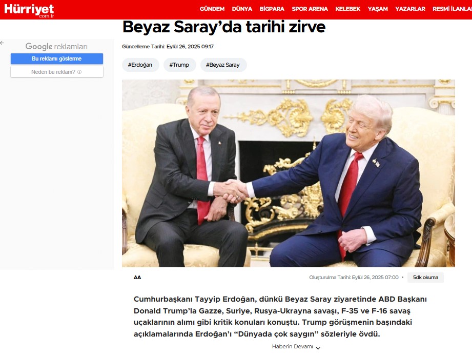 Τουρκικά ΜΜΕ: Η συνάντηση Τραμπ-Ερντογάν χαρακτηρίζεται ιστορική – Αντιδράσεις από την αντιπολίτευση