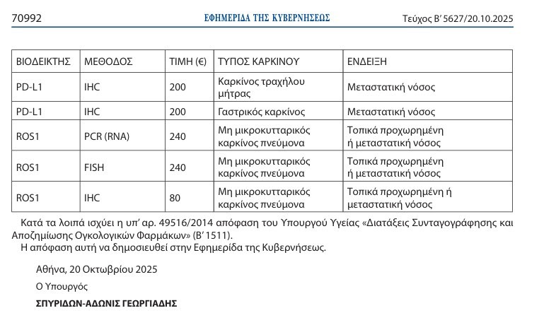 Επαναστατική αλλαγή στις αντικαρκινικές θεραπείες: Με υπουργική απόφαση αποζημιώνονται 39 βιοδείκτες 6 Πίνακας