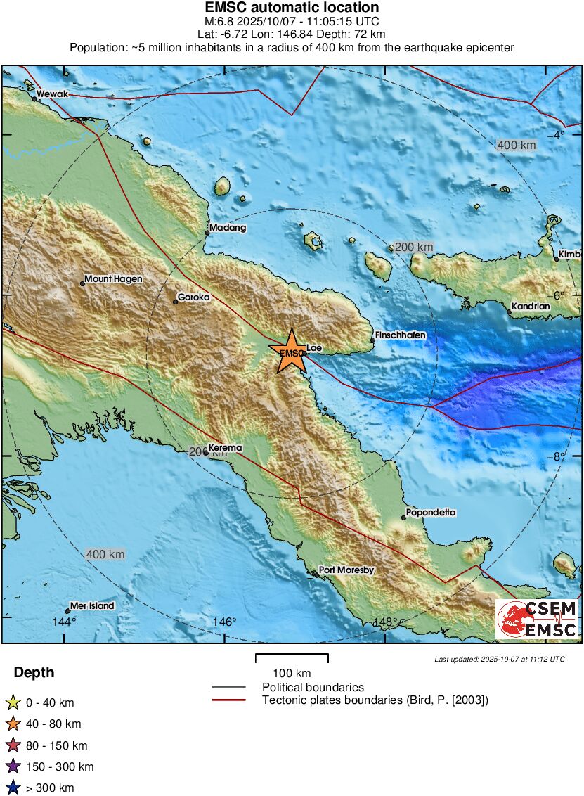 Δυνατός σεισμός 6,8 Ρίχτερ πλήττει την Παπούα Νέα Γουινέα