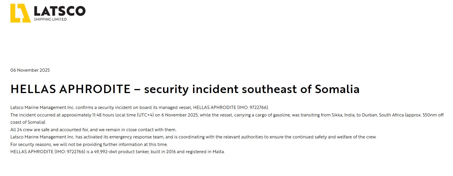 Σομαλία: Επίθεση πειρατών στο ελληνικό τάνκερ Hellas Aphrodite – Η δήλωση της εταιρείας 2 Σομαλία: Επίθεση πειρατών στο ελληνικό τάνκερ Hellas Aphrodite – Η δήλωση της εταιρείας