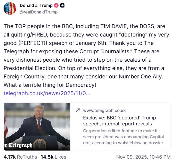 Σάλος στο BBC: Στο επίκεντρο μετά τις παραιτήσεις – Πώς αλλοίωσε σε βίντεο την ομιλία του Τραμπ