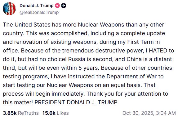 ΗΠΑ: «Πυρηνικό» χάος στον Λευκό Οίκο – Ο Τραμπ αναφέρει επανέναρξη δοκιμών, το υπουργείο Ενέργειας τον διαψεύδει 4 ΗΠΑ: «Πυρηνικό» χάος στον Λευκό Οίκο – Ο Τραμπ αναφέρει επανέναρξη δοκιμών, το υπουργείο Ενέργειας τον διαψεύδει