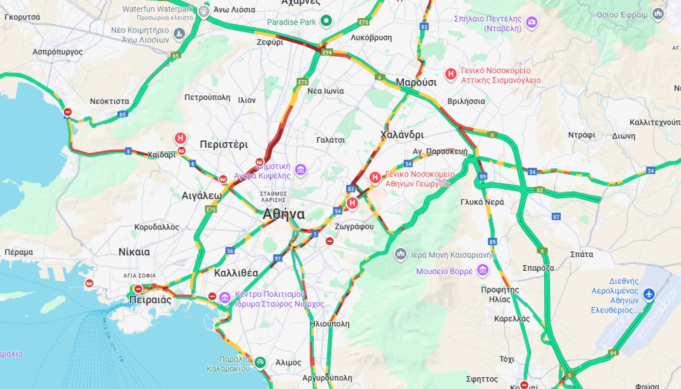 Κυκλοφοριακό χάος: Τροχαίο στον Κηφισό προς Λαμία προκαλεί καθυστερήσεις σε Αττική Οδό και Αθηνών 2 χάρτης