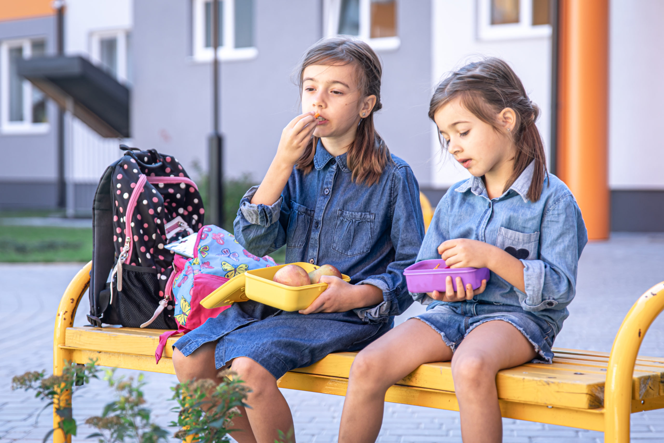 back-school-cute-little-school-girls-sitting-bench-school-yard-eating-lunch-outdoor-scaled