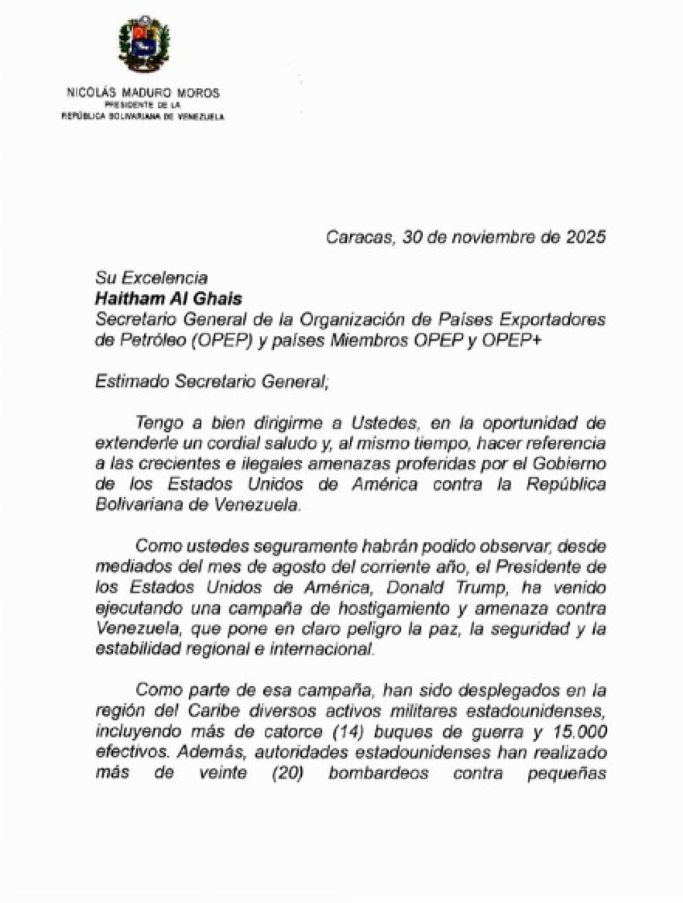 Νικολάς Μαδούρο: Απέστειλε γράμμα στον ΟΠΕΚ+ – «Οι ΗΠΑ στοχεύουν στρατιωτική κατοχή των πετρελαϊκών πόρων της Βενεζουέλας» 6 Νικολάς Μαδούρο: Απέστειλε γράμμα στον ΟΠΕΚ+ – «Οι ΗΠΑ στοχεύουν στρατιωτική κατοχή των πετρελαϊκών πόρων της Βενεζουέλας»