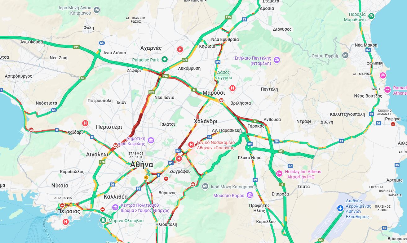 Κυκλοφοριακό χάος: Κόκκινος συναγερμός στον Κηφισό, συμφόρηση στο κέντρο της Αθήνας και καθυστερήσεις στην Αττική Οδό 2 Χάρτης κίνησης