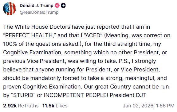 Τραμπ: «Αρίστευσα στις γνωστικές δοκιμασίες» – Επιμένει ότι η υγεία του είναι «άριστη» παρά τις αντιδράσεις