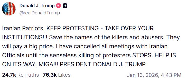 Ιράν: Πάνω από 2.500 θάνατοι στις διαδηλώσεις ενώ ο Τραμπ υπόσχεται «επικείμενη βοήθεια» – Αναφορές για έως 20.000 νεκρούς