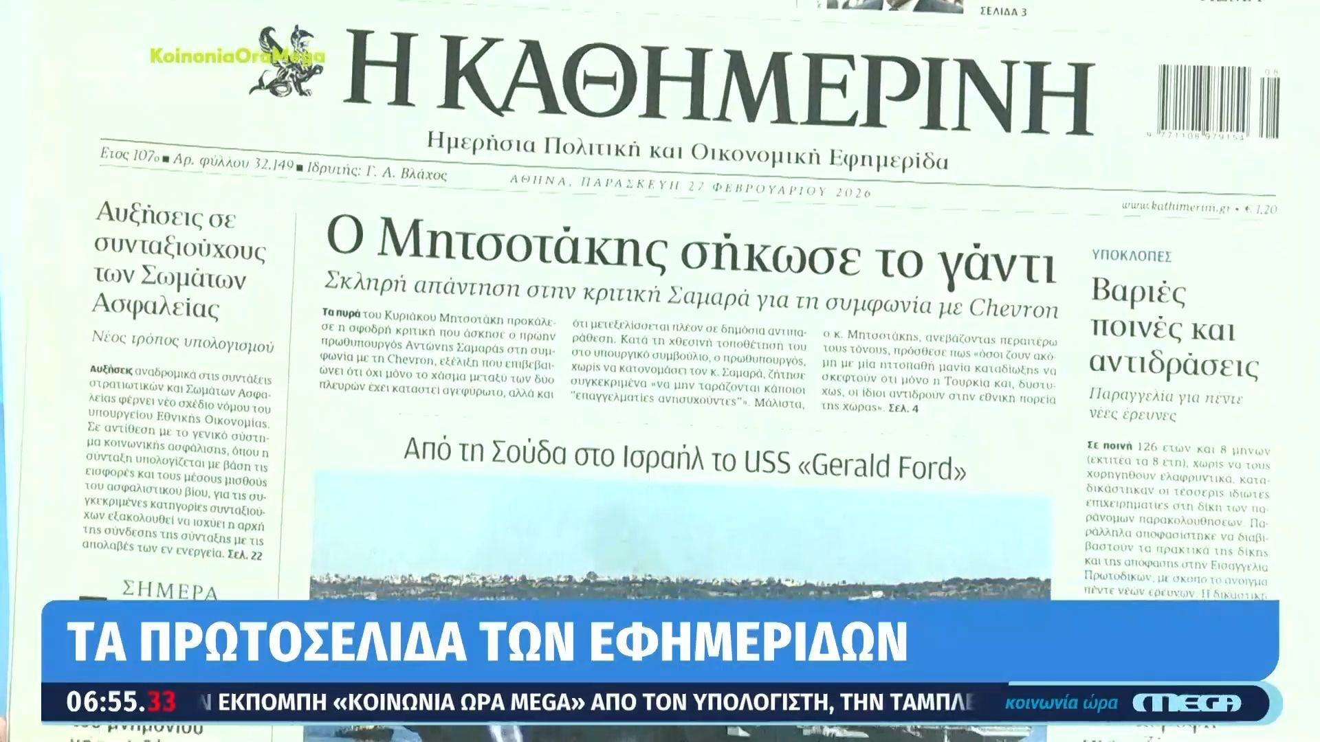 Τα πρωτοσέλιδα των εφημερίδων | 27/02/2026