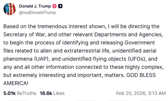 Τραμπ: Αποκαλύπτει τα μυστικά αρχεία για εξωγήινους και UFO – «Κατηγορεί» τον Ομπάμα για διαρροή «ευαίσθητων πληροφοριών»