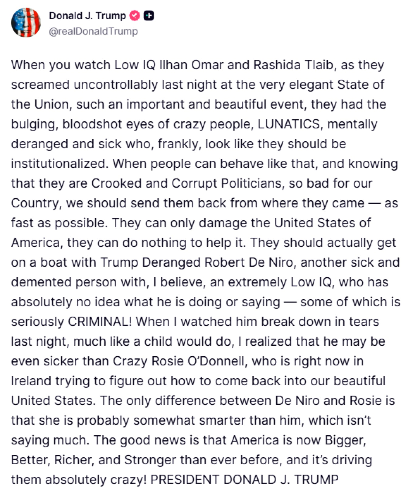 Τραμπ προς μουσουλμάνες βουλευτές των Δημοκρατικών: «Πάρτε βάρκα με τον Ντε Νίρο και επιστρέψτε από όπου ήρθατε»