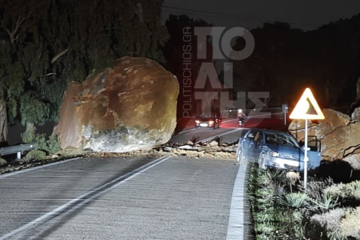 Χίος: Τεράστιος βράχος έπεσε στον δρόμο την ώρα που περνούσε αυτοκίνητο – «Άγιο» είχαν οι επιβάτες