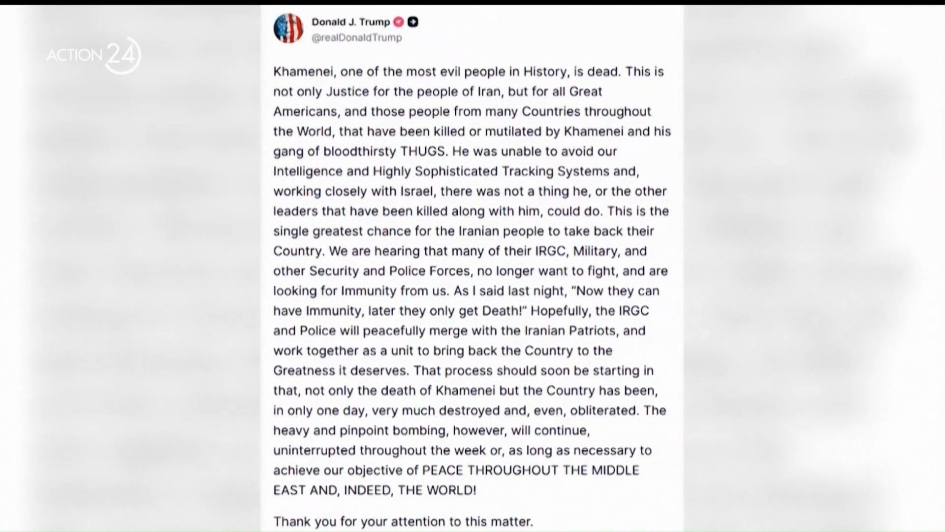 Ανάρτηση Τραμπ για Χαμενεΐ: «Σκοτώθηκε ένας από τους πιο διαβολικούς ανθρώπους στην ιστορία»