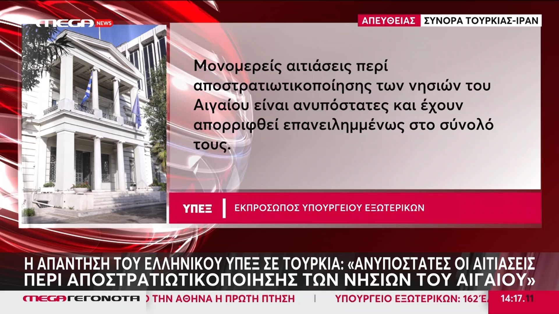 Η απάντηση του ελληνικού ΥΠΕΞ στην Τουρκία σχετικά με την αποστρατικοποίηση των νησιών του Αιγαίου