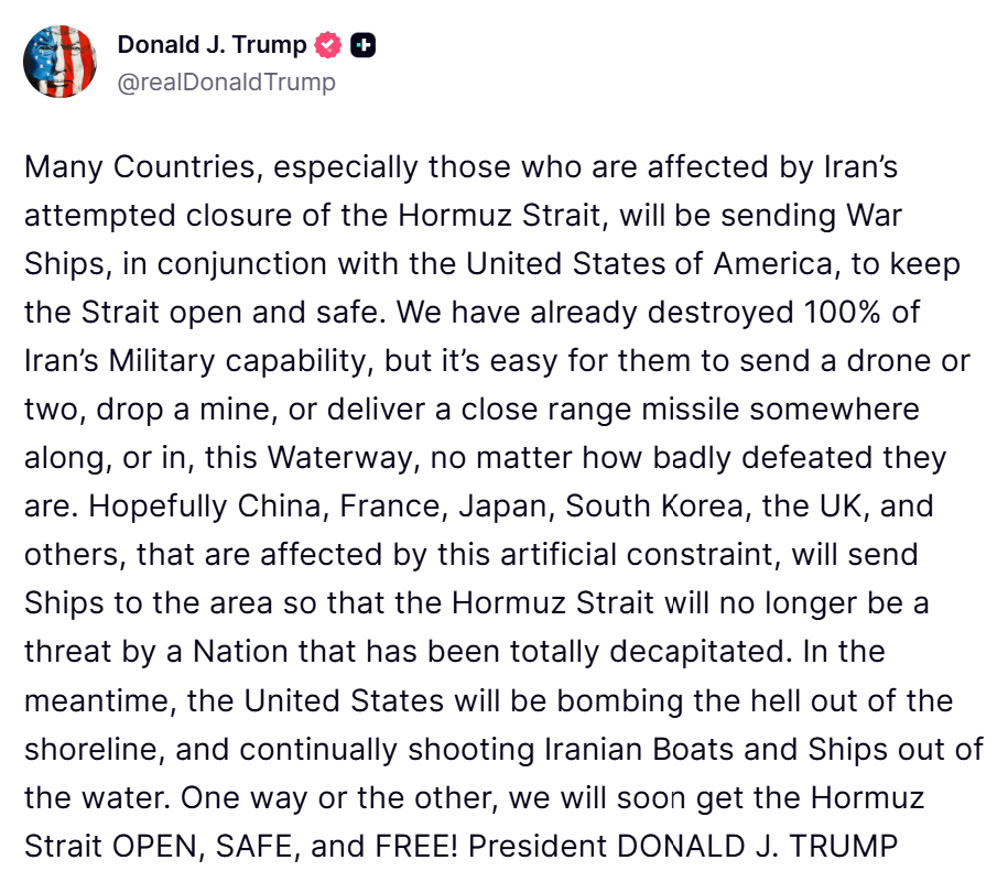 Τραμπ: Πολλές χώρες θα στείλουν πολεμικά πλοία για να κρατήσουν ανοιχτά τα Στενά του Ορμούζ
