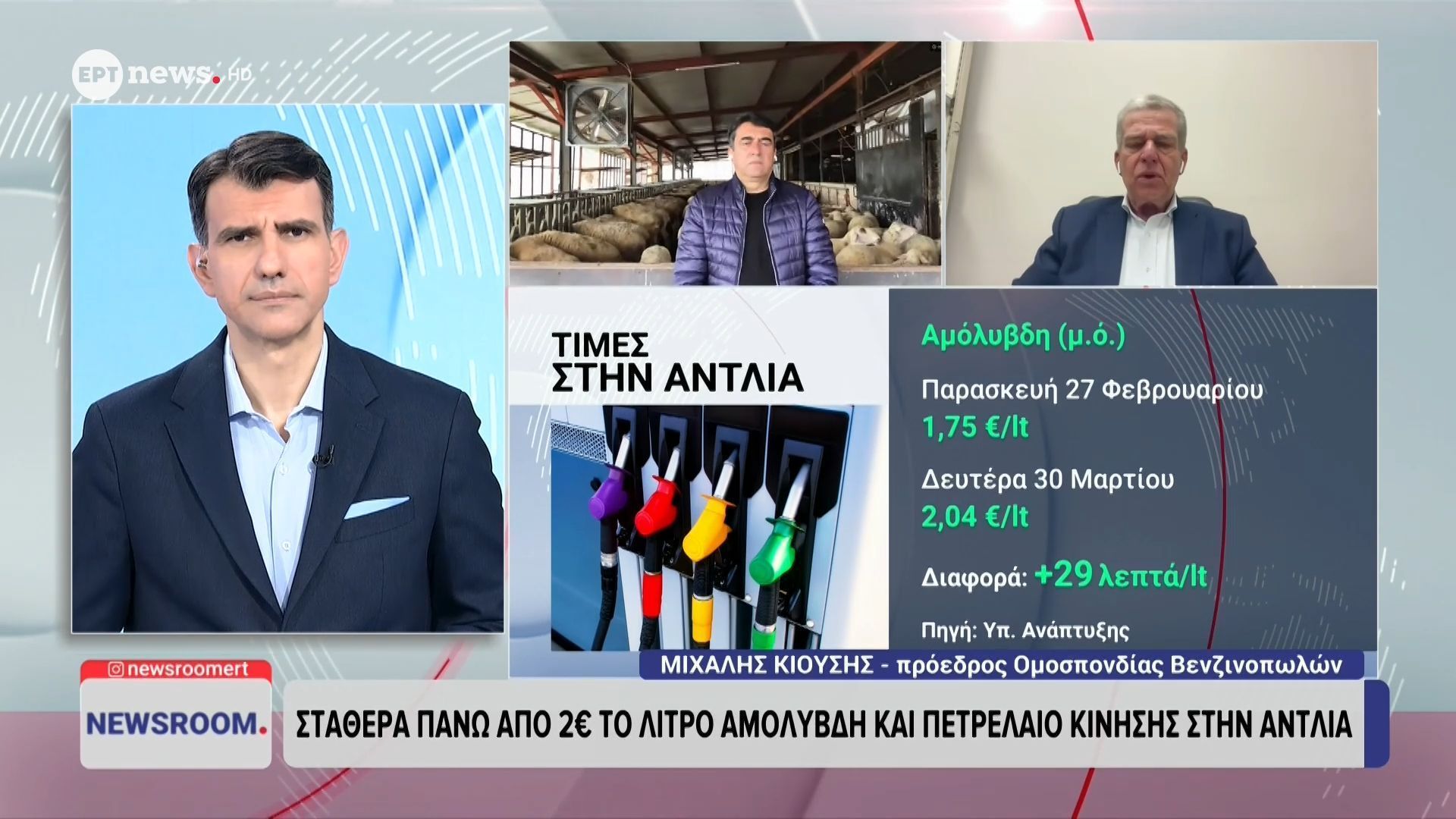 Ο πρ. Εθν. Ένωσης Αγρ. Συνετ. Παύλος Σατολιάς και ο πρ. Ομοσπ. Βενζινοπωλών Μιχάλης Κιούσης στο ΕΡΤnews