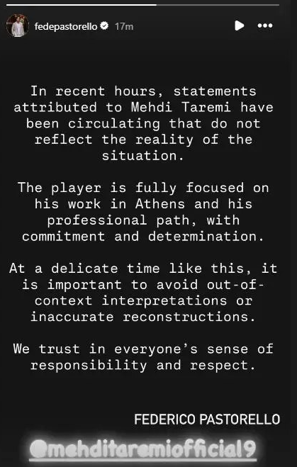 Μάνατζερ Ταρέμι: «Ψευδείς οι φήμες για εμπλοκή στον πόλεμο, παραμένει αφοσιωμένος στη δουλειά του στην Αθήνα»