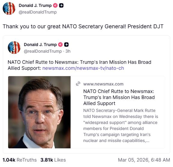 Τραμπ για Ρούτε: «Ευγνωμονώ τον εξαιρετικό Γενικό Γραμματέα του ΝΑΤΟ» – Η Συμμαχία στηρίζει τις ΗΠΑ στις επιθέσεις κατά του Ιράν
