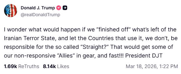 Τραμπ: Πώς θα ήταν αν «εξαλείφαμε» το υπόλοιπο Ιράν; – Οι σύμμαχοι να αναλάβουν την ευθύνη για το Ορμούζ