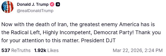 Τραμπ: «Μετά την πτώση του Ιράν, ο κύριος αντίπαλος της Αμερικής είναι το Δημοκρατικό Κόμμα»