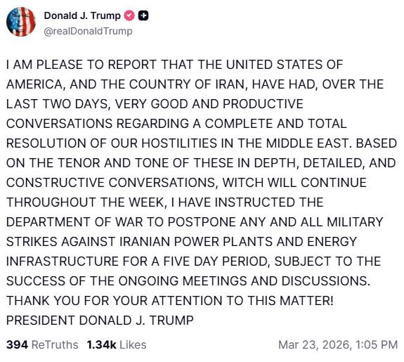 Ανατροπή από τον Τραμπ: Παύση των επιθέσεων στο Ιράν μετά από «εξαιρετικές συνομιλίες» – Νέο πενθήμερο τελεσίγραφο 2 Ανατροπή από τον Τραμπ: Παύση των επιθέσεων στο Ιράν μετά από «εξαιρετικές συνομιλίες» – Νέο πενθήμερο τελεσίγραφο