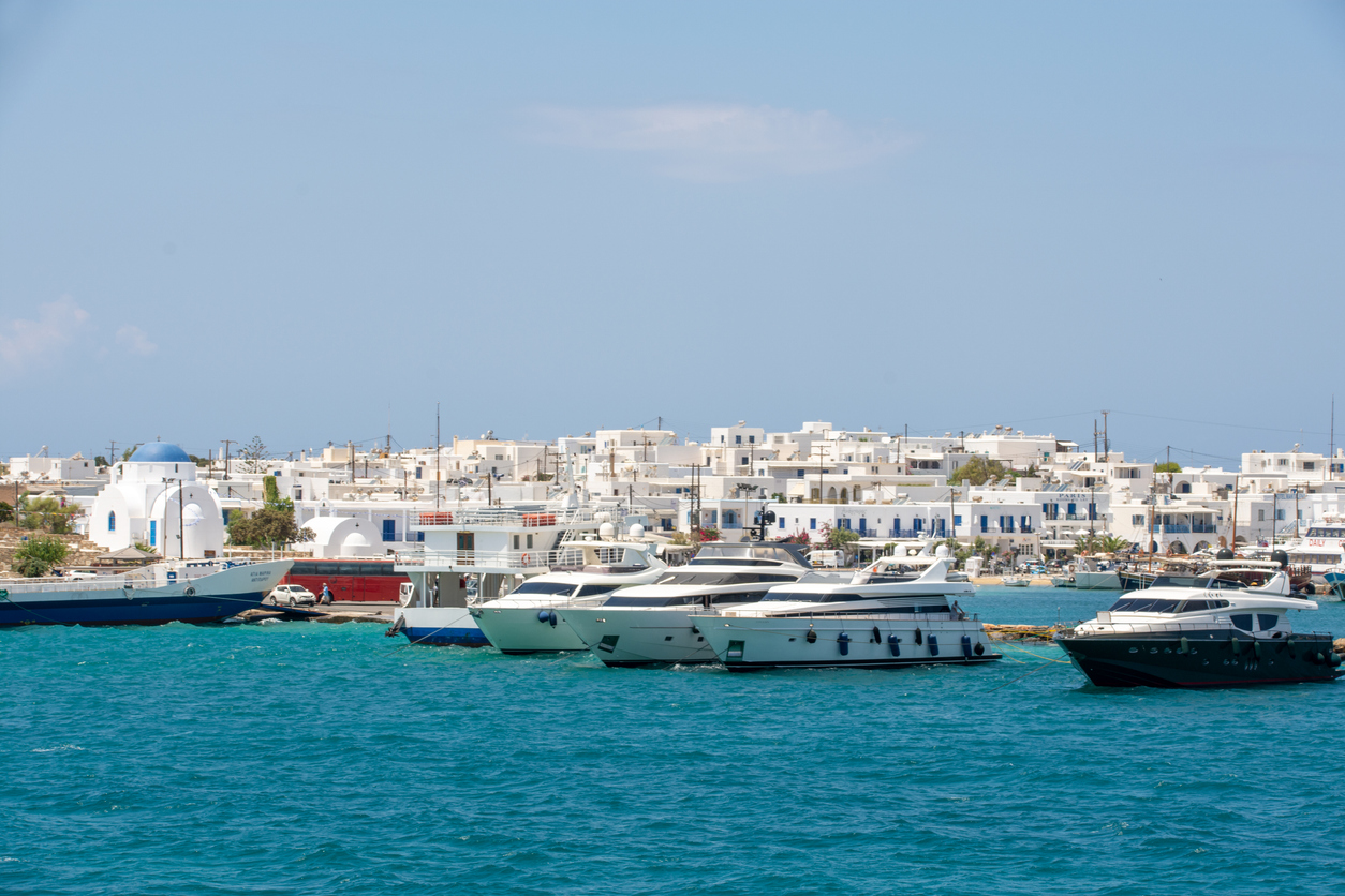 Antiparos, Greece - July 14, 2021: Boats in the port of Chora