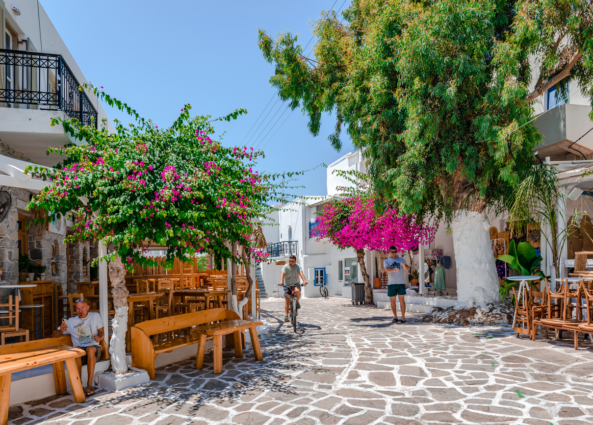 Antiparos, Greece - June 23 2023: Traditional cobblestone alley with whitewashed houses, bouganvillea tree and sidewalk cafes.