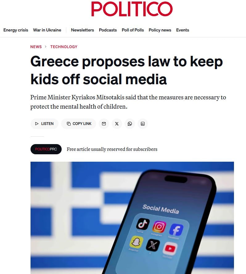 Ελλάδα, «Age Ban», social media, politico