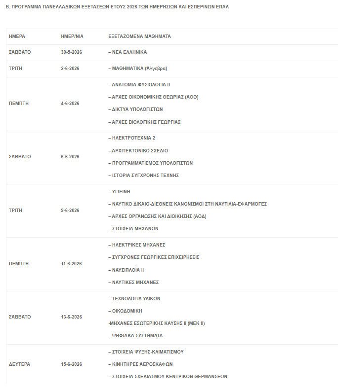Πανελλήνιες εξετάσεις 2026: Το αναλυτικό πρόγραμμα – Πρεμιέρα στις 29 Μαΐου 5 Πανελλήνιες εξετάσεις 2026: Το αναλυτικό πρόγραμμα – Πρεμιέρα στις 29 Μαΐου