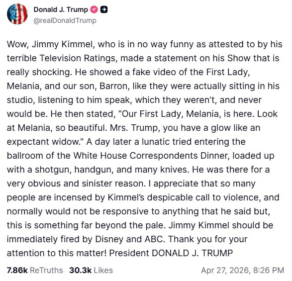 Τραμπ: Απαιτεί από το ABC την απόλυση του Τζίμι Κίμελ – «Απαράδεκτη πρόκληση βίας ο μονόλογός του»