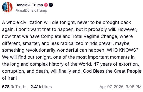Τραμπ για Ιράν: «Ένας ολόκληρος πολιτισμός θα αφανιστεί απόψε – Από τις πιο καθοριστικές στιγμές της Ιστορίας»