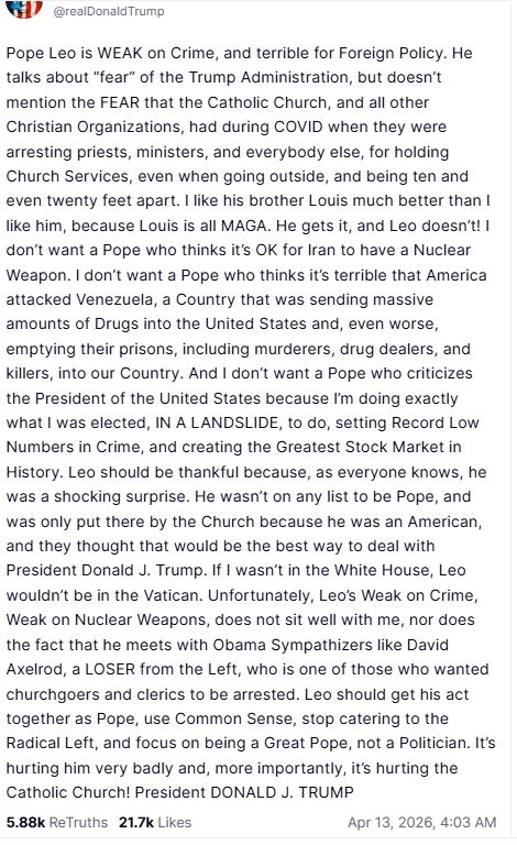 Τραμπ: Ως άλλος Ιησούς, κατά μέτωπο επίθεση στον πάπα Λέοντα – «Δεν φοβάμαι την ηγεσία του», απαντά ο ποντίφικας 4 Τραμπ: Ως άλλος Ιησούς, κατά μέτωπο επίθεση στον πάπα Λέοντα – «Δεν φοβάμαι την ηγεσία του», απαντά ο ποντίφικας