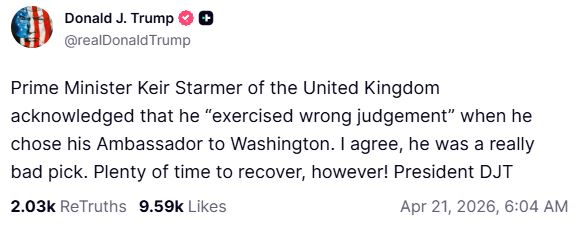 Τραμπ εναντίον Στάρμερ για το σκάνδαλο Μάντελσον: «Ήταν όντως λανθασμένη επιλογή»