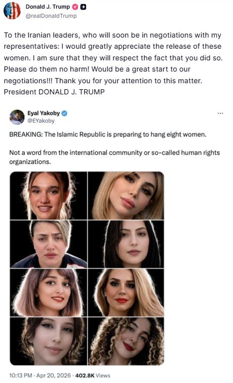 Τραμπ για Ιράν: «Σταμάτησαν τις εκτελέσεις 8 γυναικών μετά από δική μου παρέμβαση» – Αντίδραση από Τεχεράνη