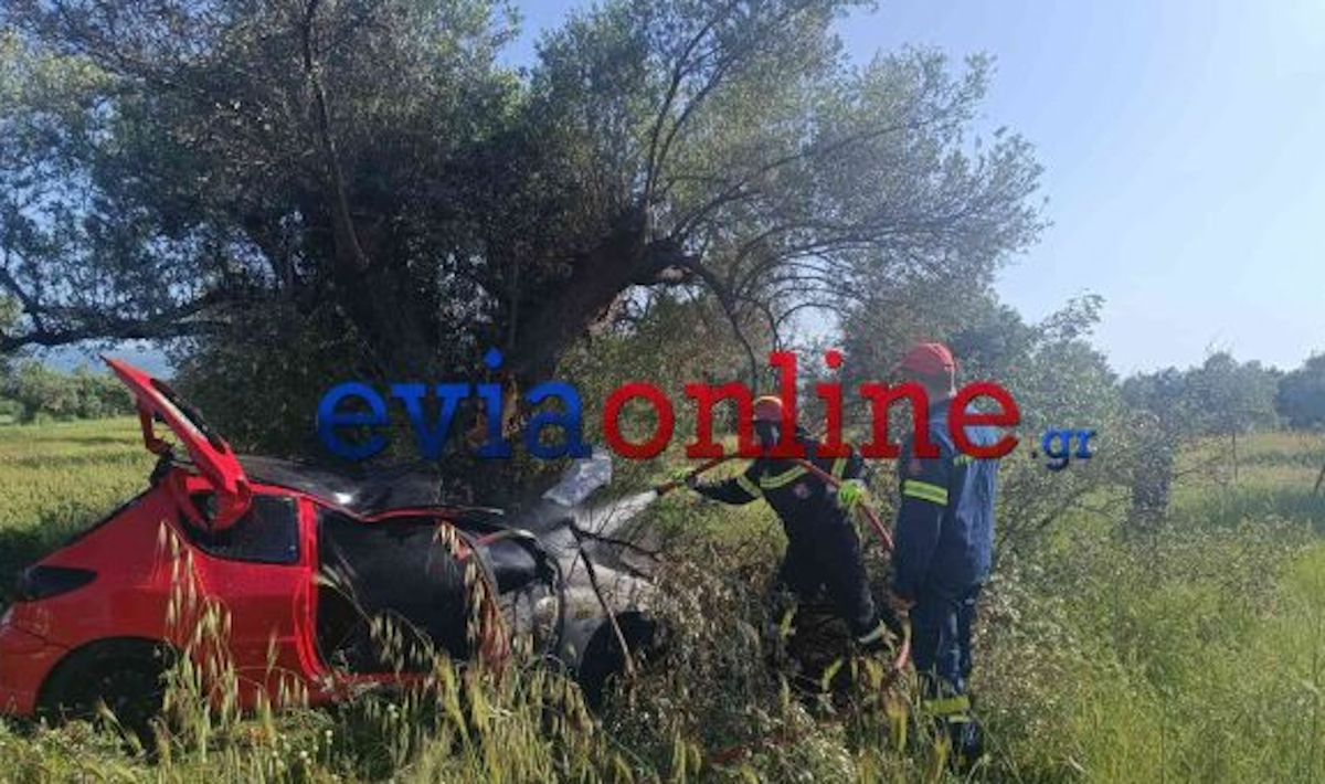 Εύβοια: Τροχαίο με αυτοκίνητο να φεύγει από τον δρόμο, να πέφτει σε ελιά και να παίρνει φωτιά