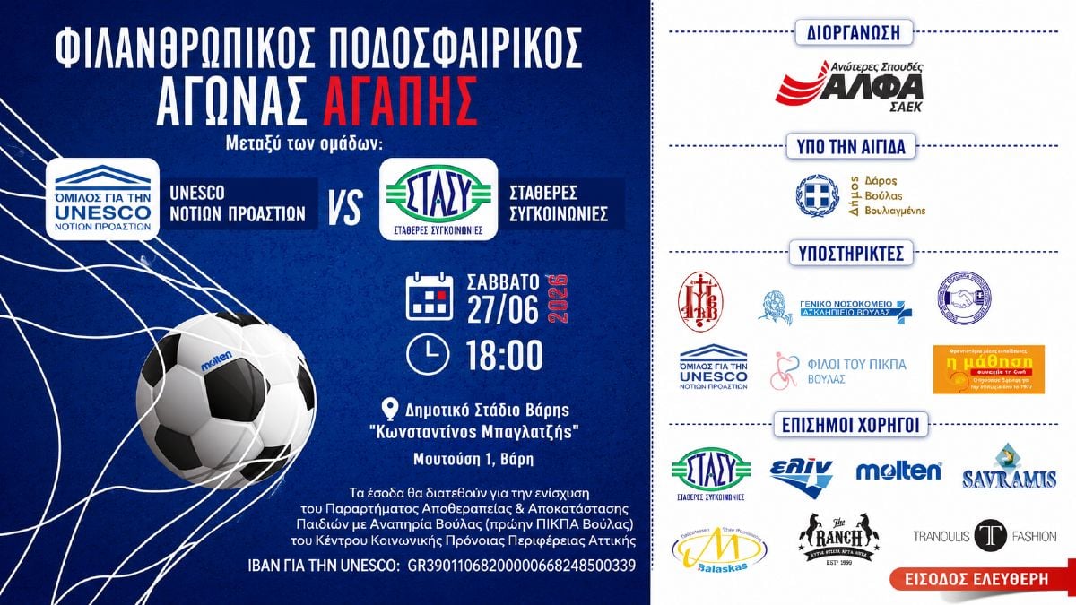 Ποδοσφαιρικός Αγώνας Αγάπης από τις ΣΑΕΚ ΑΛΦΑ για την ενίσχυση του Παραρτήματος Αποθεραπείας & Αποκατάστασης Βούλας για παιδιά με αναπηρία